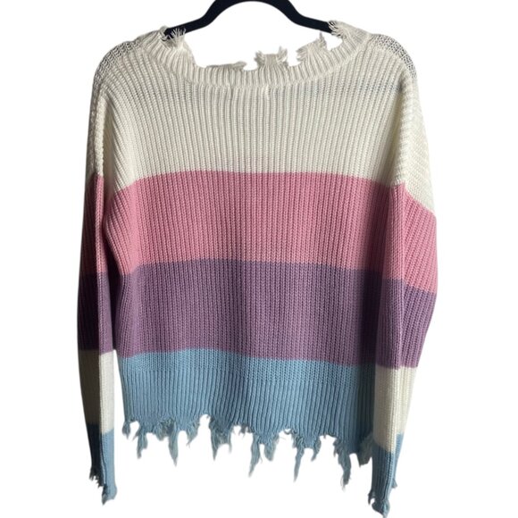 Jolie & Joy Size Large Distressed Striped Ribbed Knit Sweater Purple Blue Pink - Picture 7 of 7